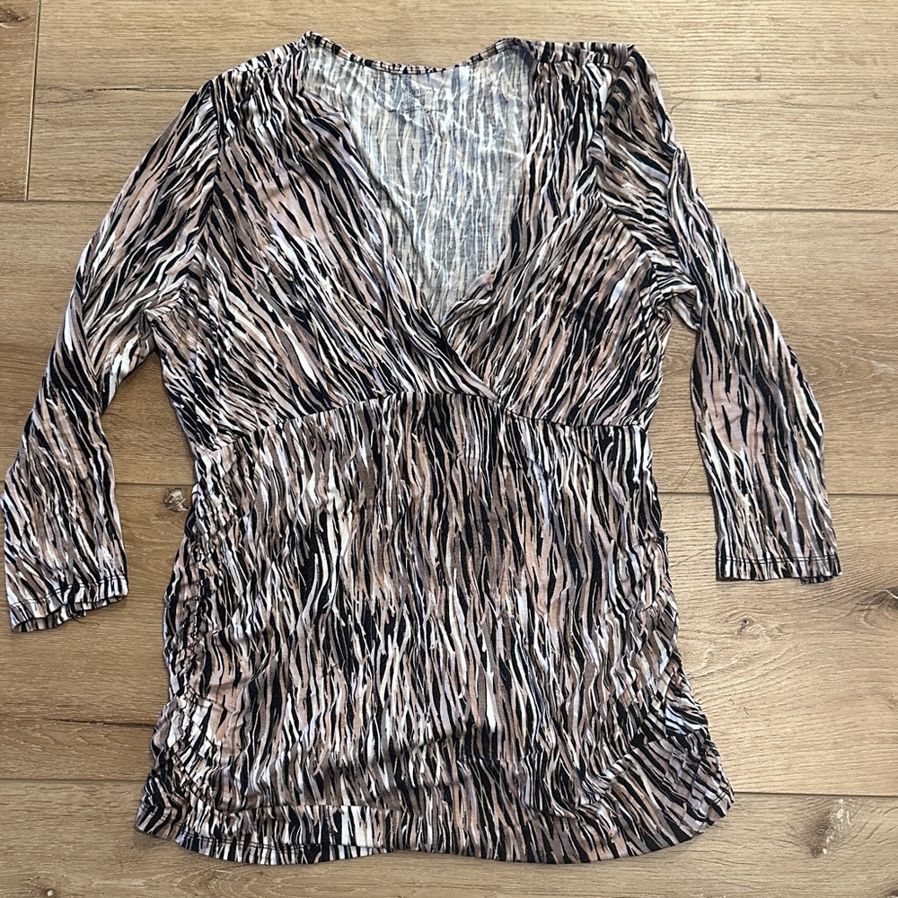 Motherhood Maternity Taupe, Black & White Zebra-Print Wrap Maternity Top